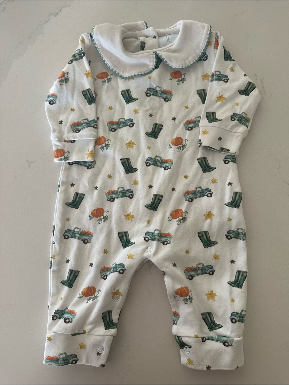 Little English White One-Piece with Green Truck & Orange Pumpkin Print
